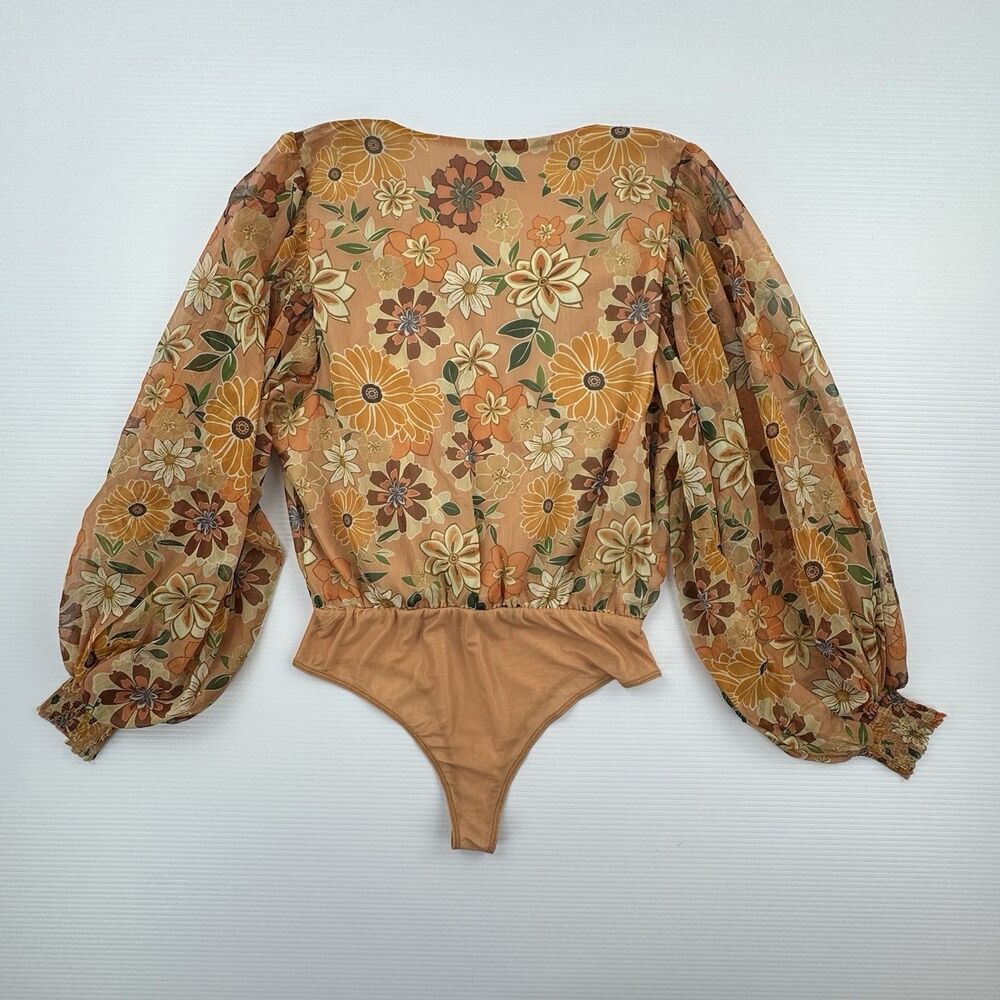 Flying Tomato Floral Bodysuit Womens L Boho Retro Surplice Puff Sleeve Top - Picture 7 of 11
